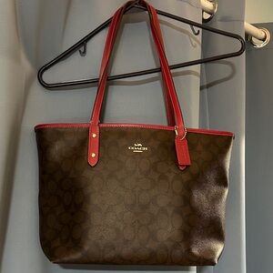 Coach Signature Tote in Brown and Hot Pink